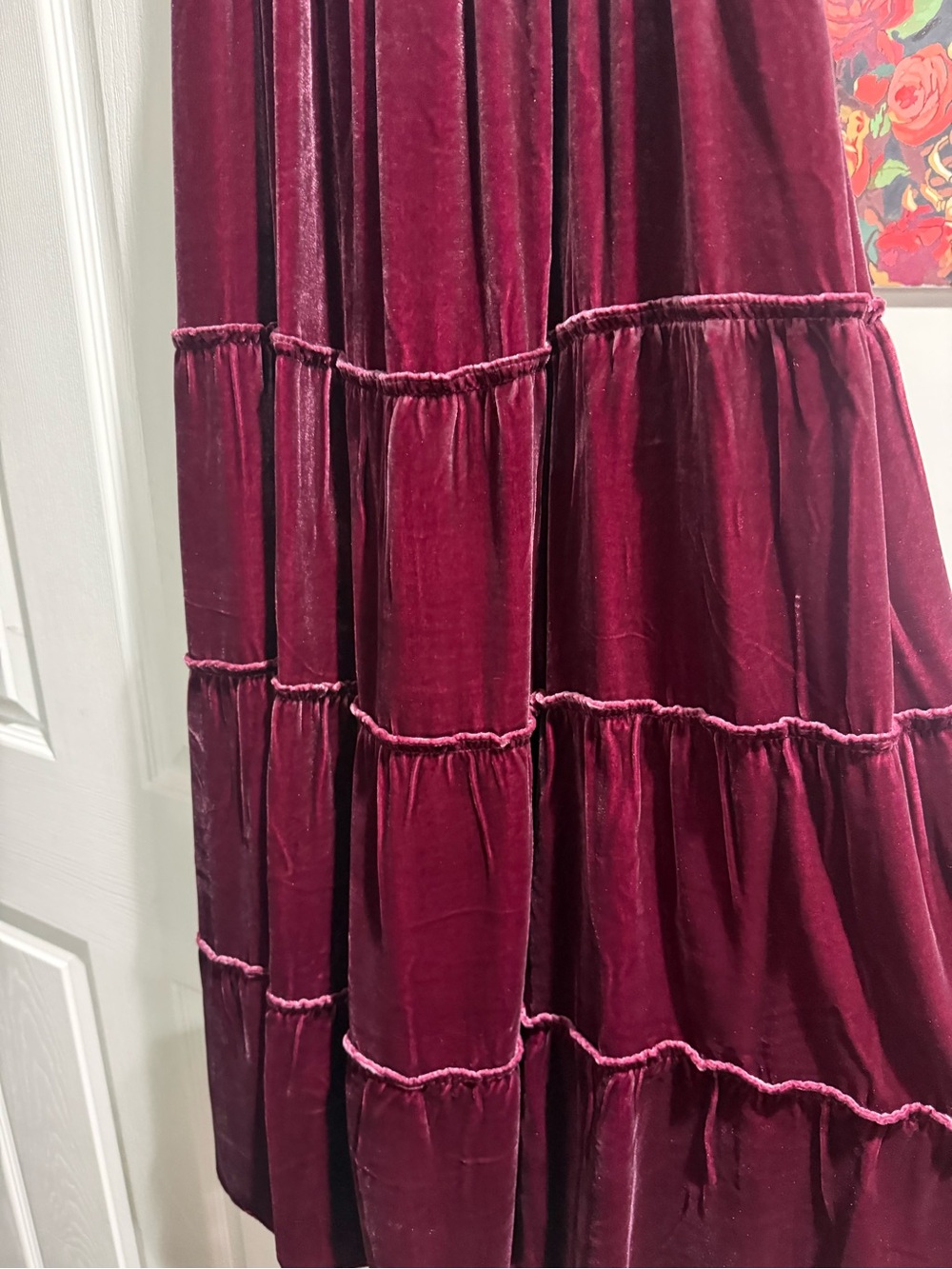 HILL HOUSE Nap Dress Velvet Smocked Ruffle Strap Burgundy Tiered Midi Dress - Picture 4 of 7